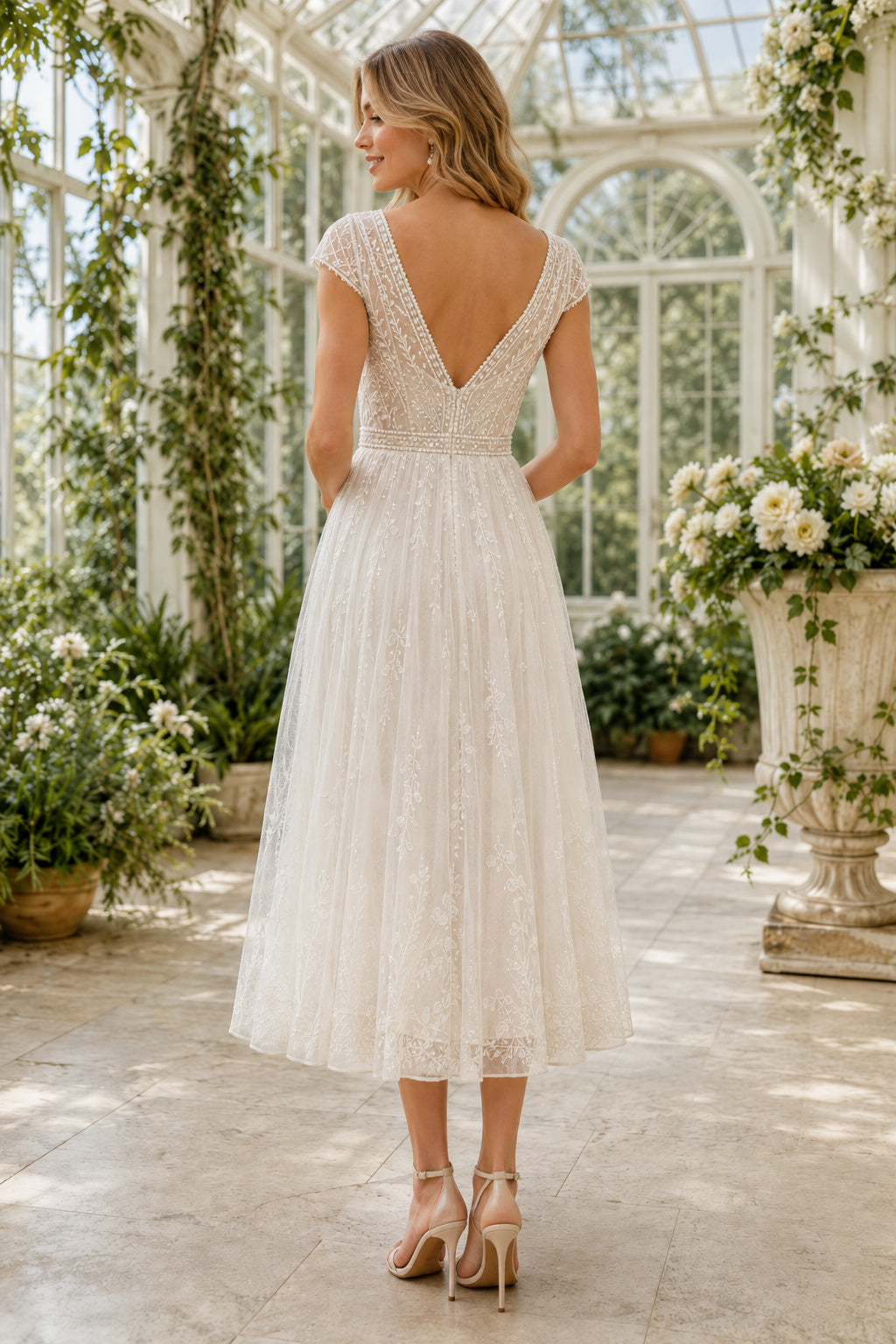 Ivory V-Neck Cap Sleeve Lace Tulle Tea-Length Wedding Dress with Lace Cap Sleeves and V-Back back view
