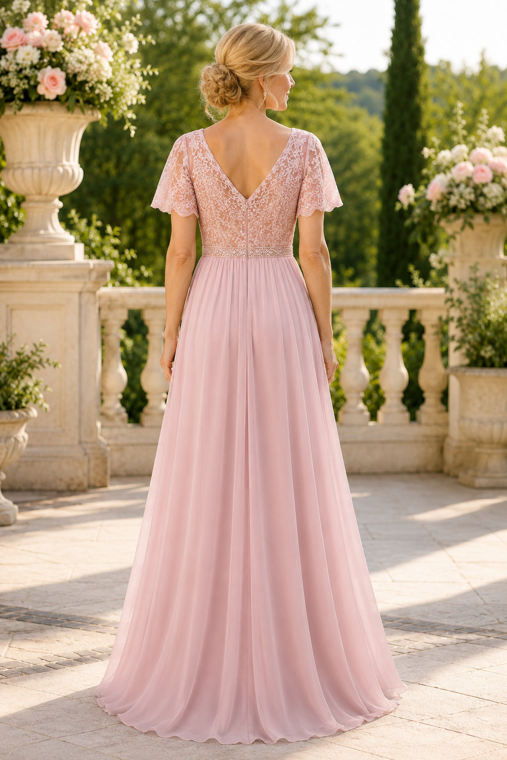 Pearl Pink V-Neck Chiffon A-Line Mother Dress with Lace Flutter Sleeves and Beaded Waist back view