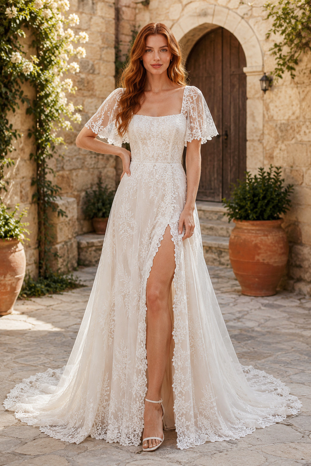 Ivory Short Sleeve Lace A-Line Wedding Dress with High Slit and Low Back front view