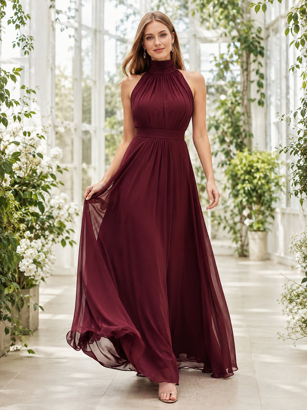 Burgundy High Neck Chiffon A Line Evening Dress front view