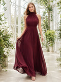 Burgundy High Neck Chiffon A Line Evening Dress front view