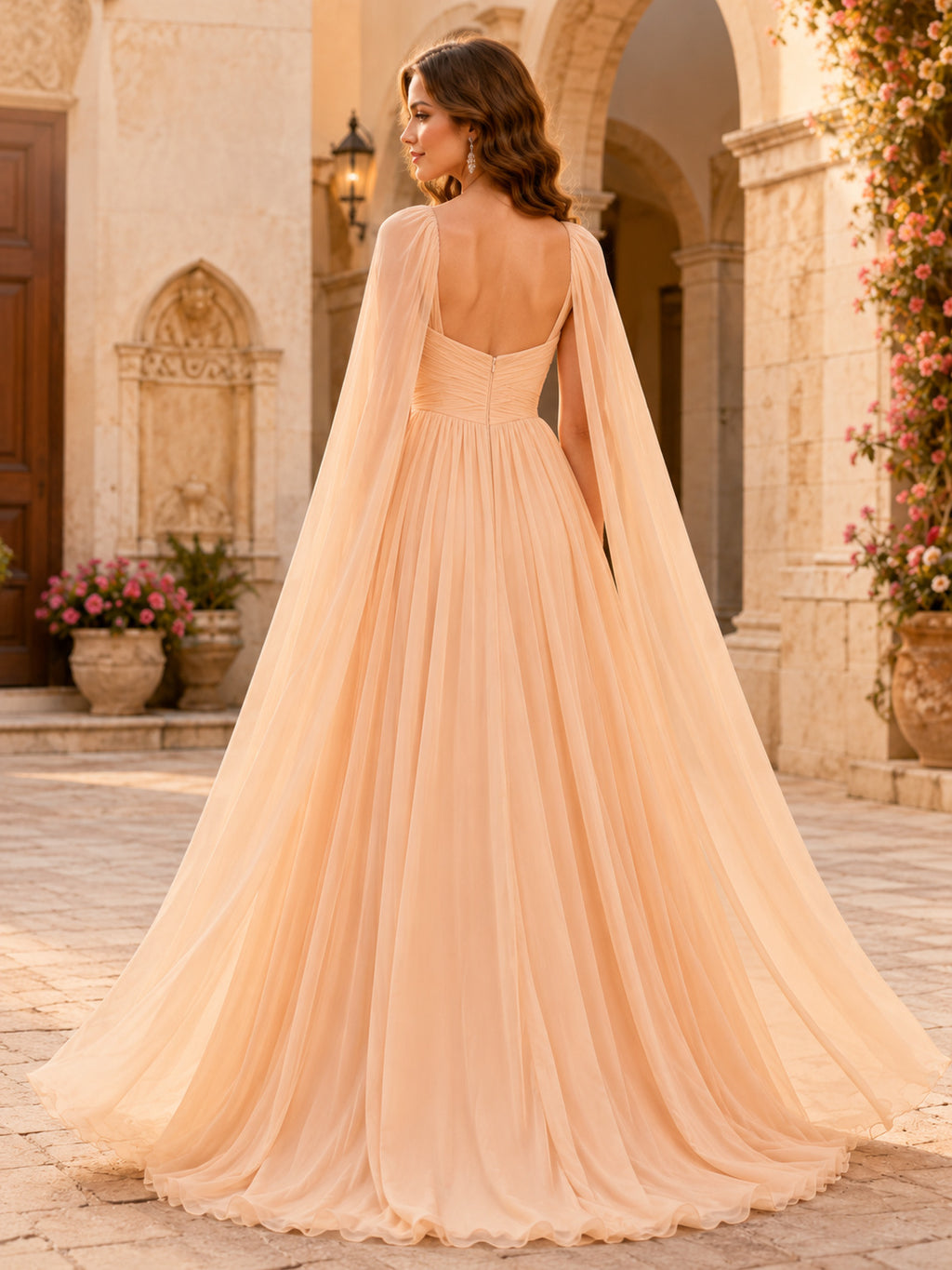 Champagne Romantic Sweetheart Long Cape Sleeve Chiffon Quinceanera Formal A-Line Gown back view