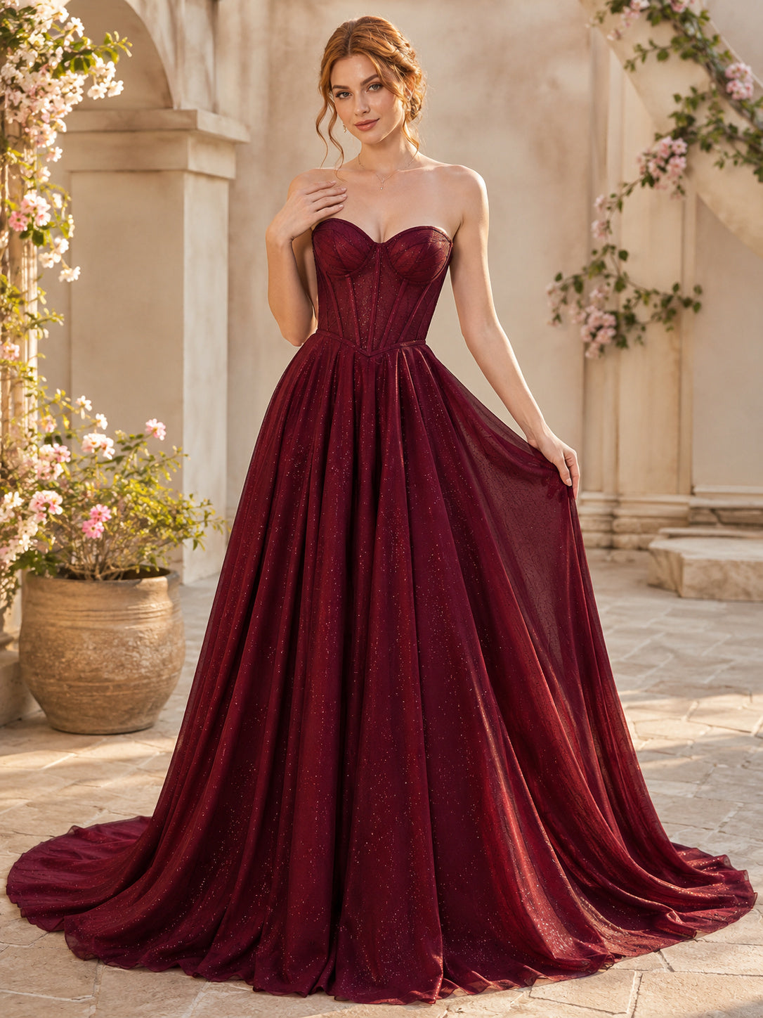 Burgundy Strapless Sweetheart Glitter Tulle Ball Gown Chapel Train Corset Prom Dress front view