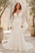 Plus Size Ivory V-Neck Bell Sleeve Lace Tulle Mermaid Wedding Dress with Bell Sleeves and Lace Mermaid Train front view