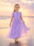Lavender Puff Sleeve Tulle Flower Girl Dress front view