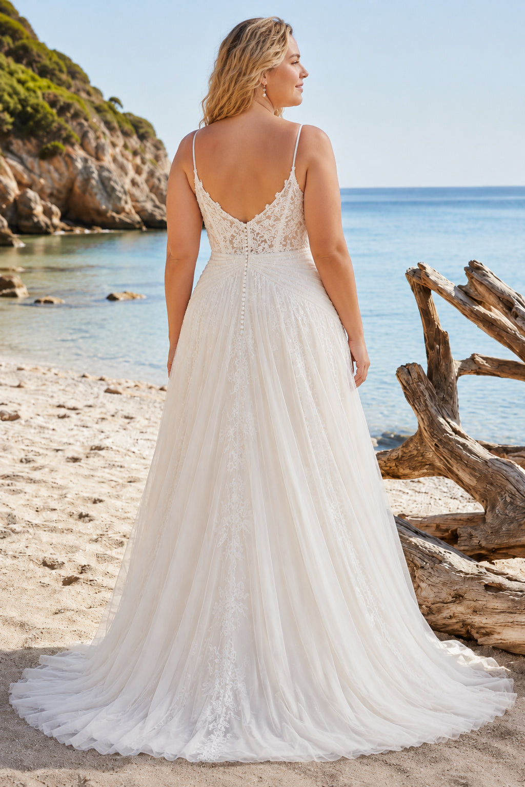 Plus Size Ivory V-Neck Spaghetti Strap Sleeveless Lace Tulle A-Line Wedding Dress with Spaghetti Straps and Soft Tulle Train