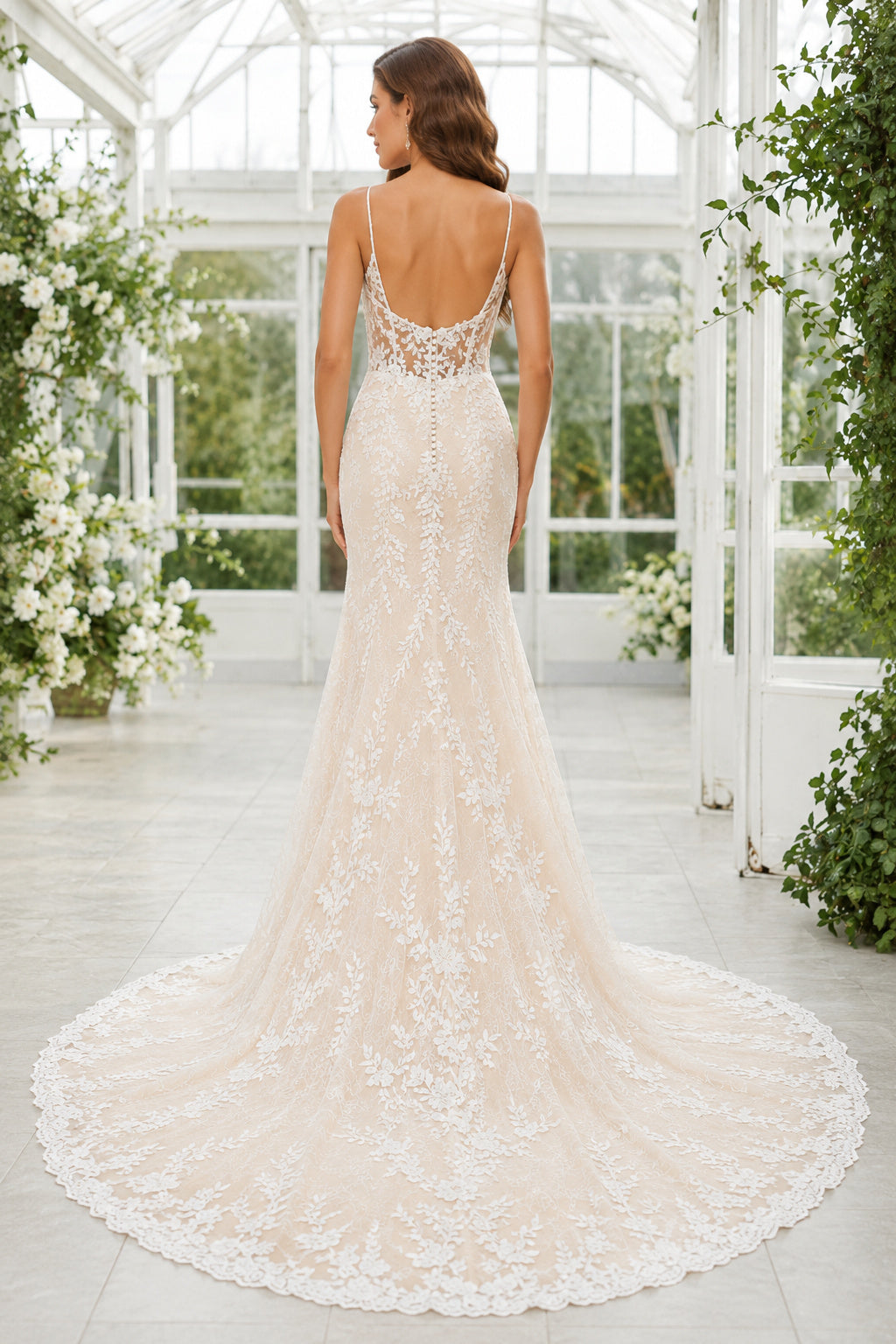 Ivory Spaghetti V-Neck Lace Mermaid Wedding Dress Chapel Train for Wedding Ceremony and Reception back view