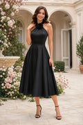 Black Halter Satin Tea Length A-Line Dress with Bow Neck Detail front view