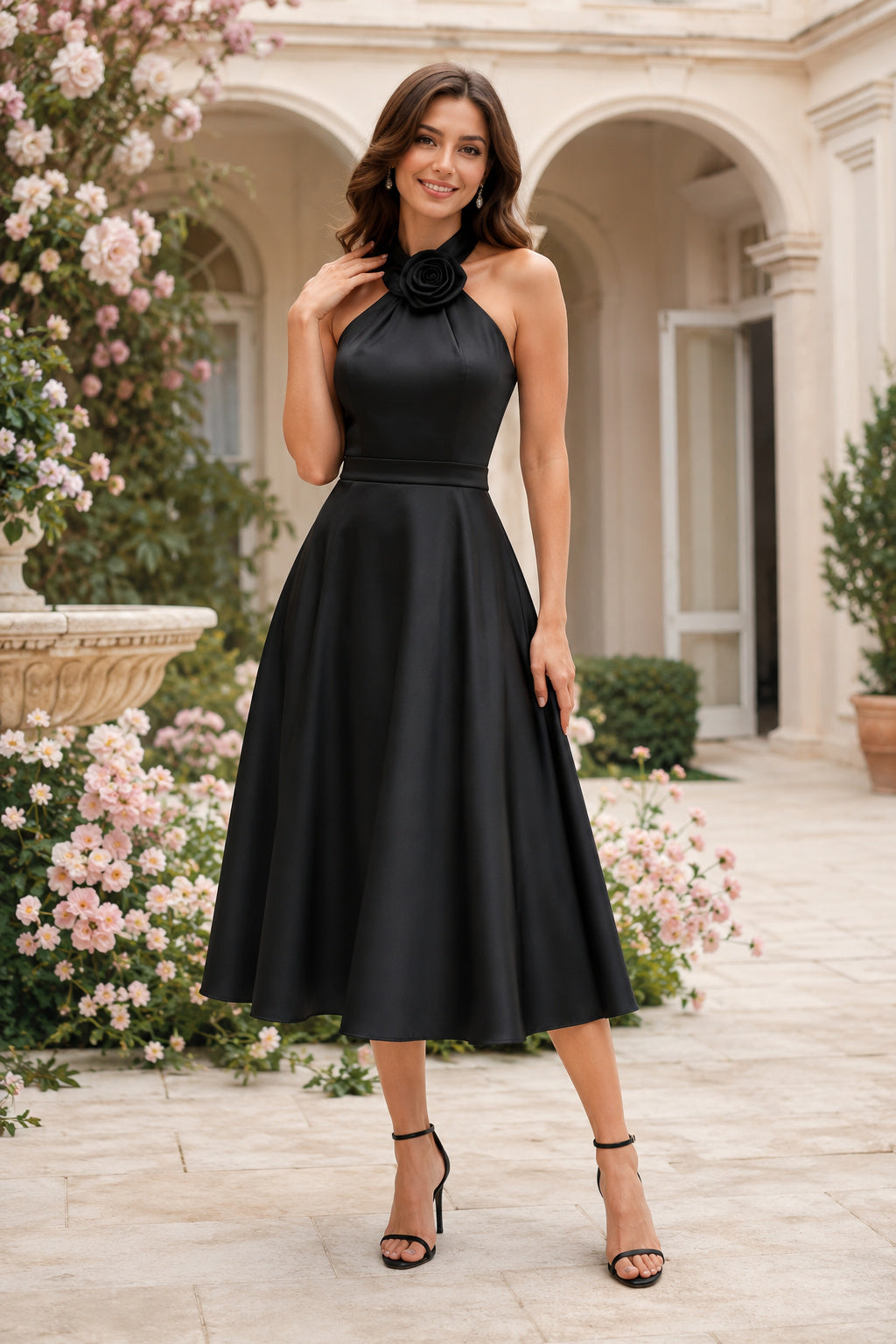 Black Halter Satin Tea Length A-Line Dress with Bow Neck Detail front view