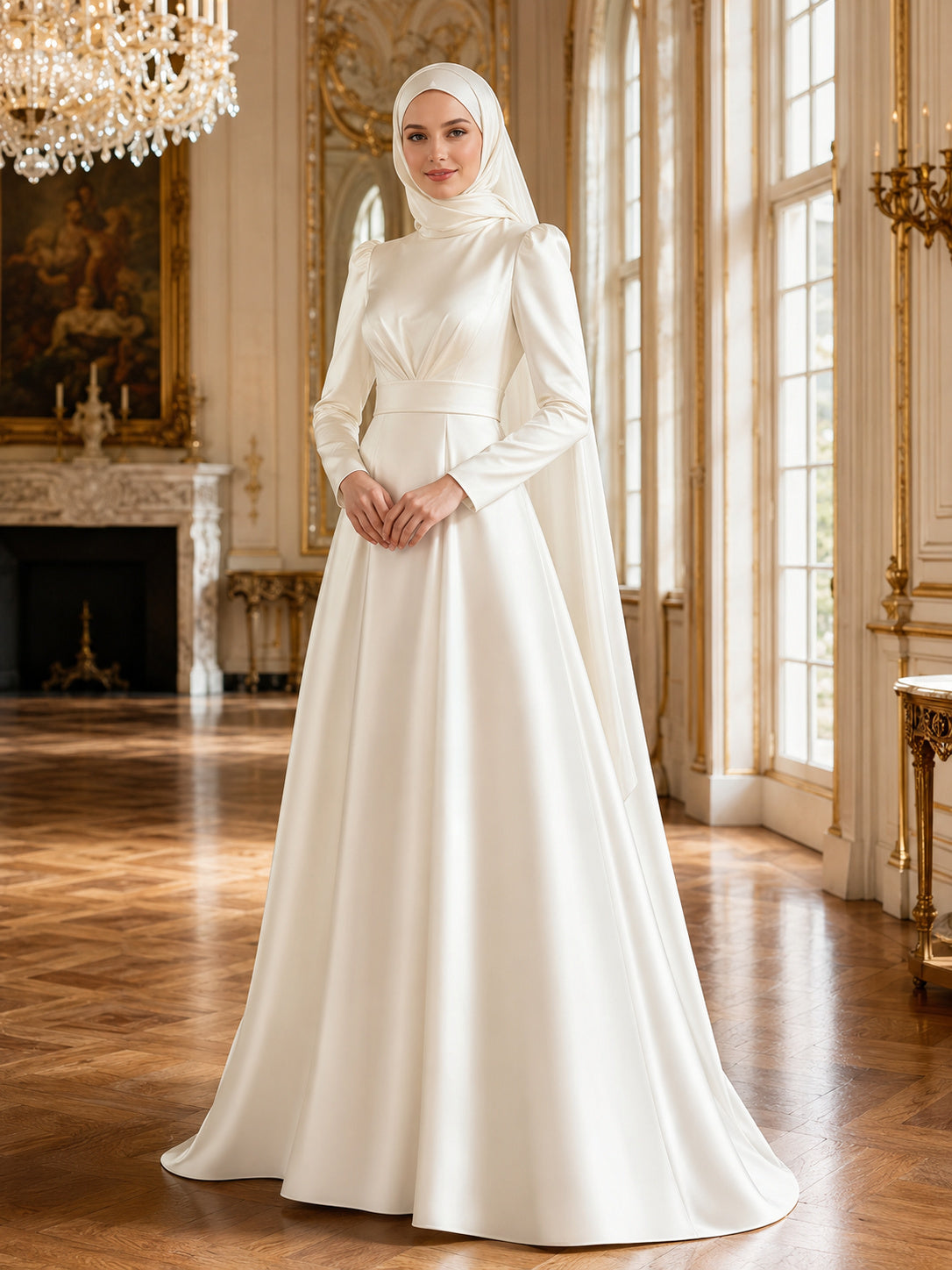 Modest Muslim Satin Long Sleeve A-Line Bridal Gown For Reception front view