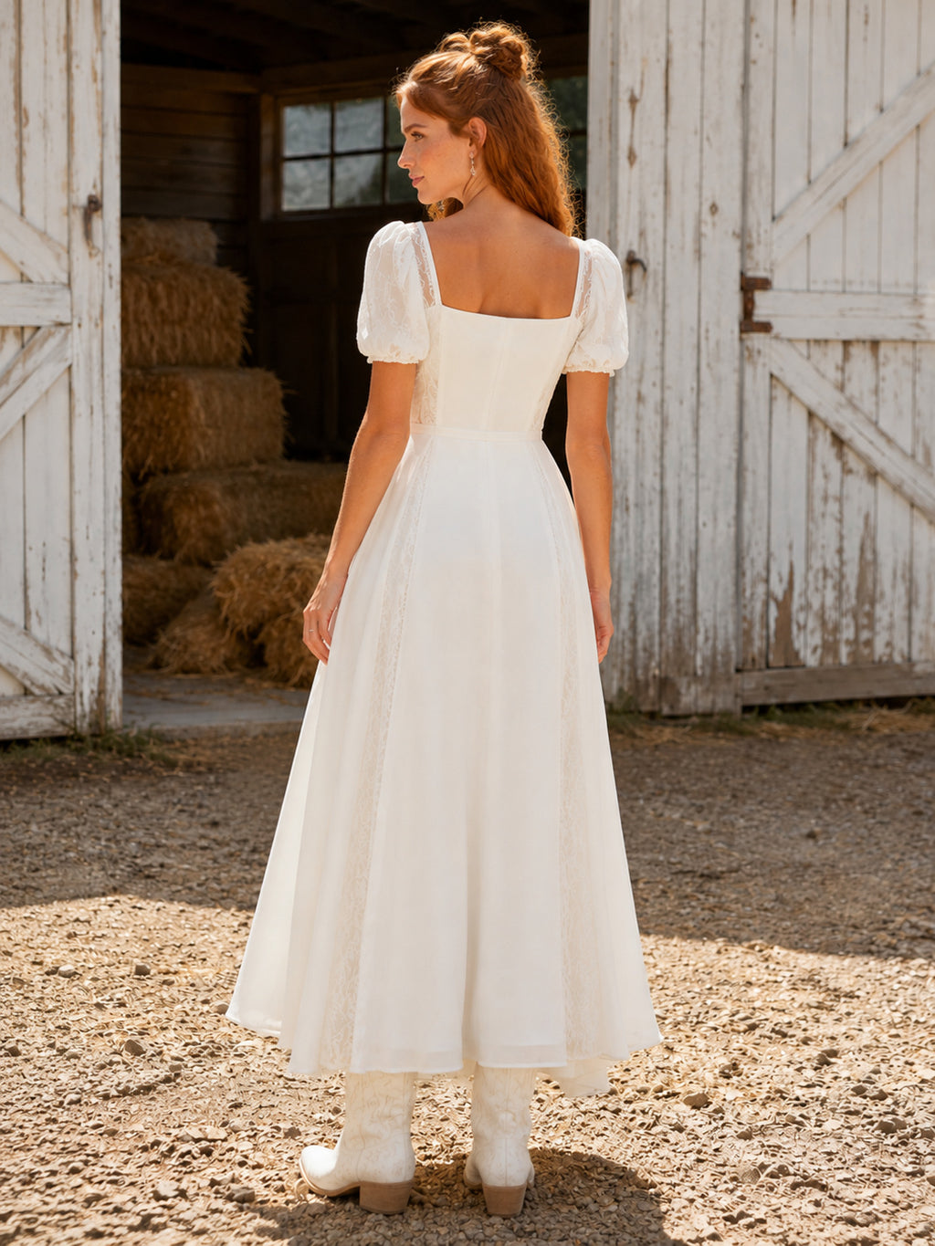 Casual Tea-Length A-Line Square Neck Puff Sleeve Wedding Dress Simple back view
