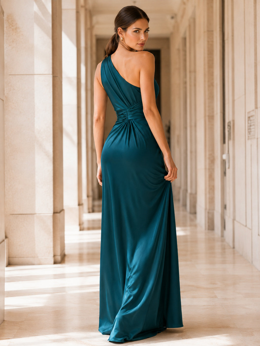 Teal one shoulder satin ruched waist floor gown back view