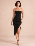 Black square neck spaghetti strap midi dress with asymmetric slit front view