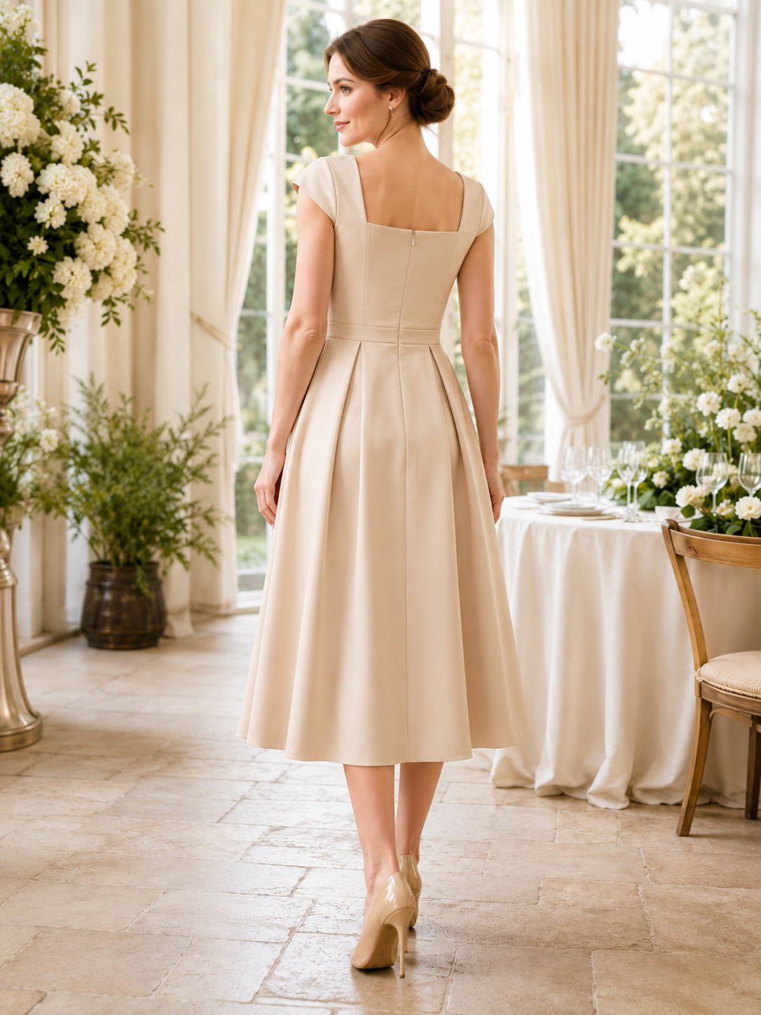 Champagne Satin Square Neck Sleeveless A Line Ceremony Midi Dress back view