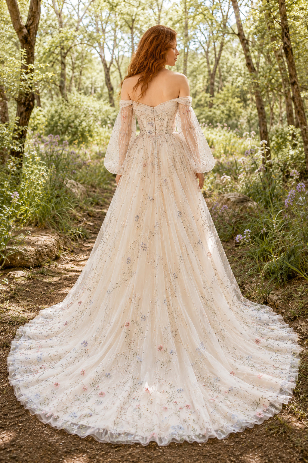 Ivory Off-the-Shoulder Floral Embroidered Boho Wedding Dress with Long Tulle Sleeves back view