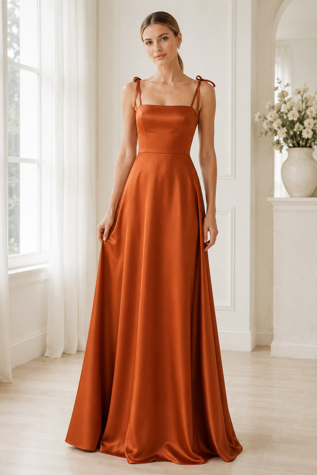 Orange Square Neck Satin A-Line Bridesmaid Dress with Tie Straps and Clean Floor Length Skirt front view