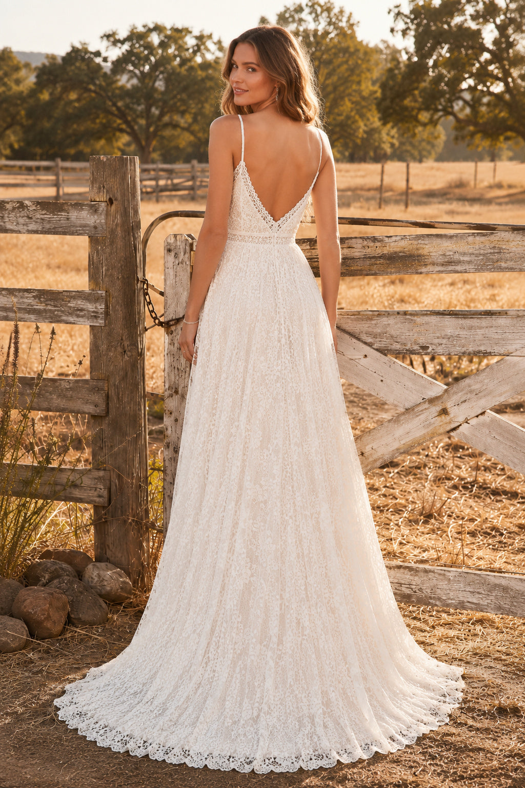 Spaghetti Strap V-Neck A-Line Wedding Dress with Allover Lace and Sweep Train for Rustic Garden Ceremony back view