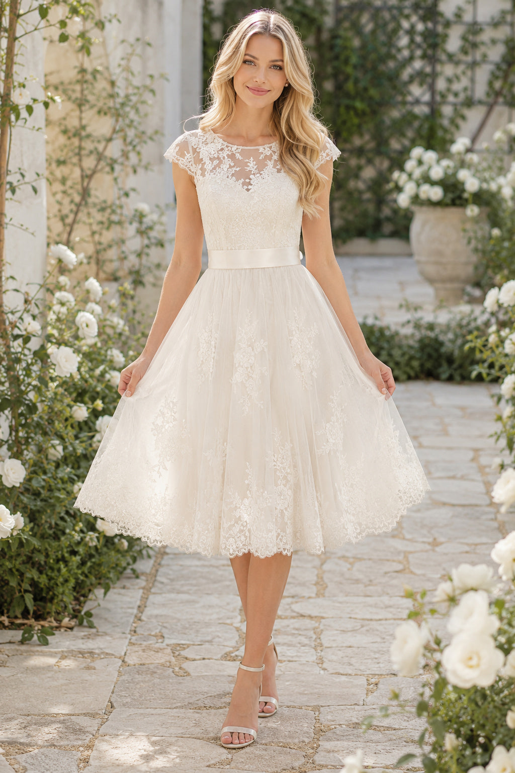 Ivory Lace Illusion Cap Sleeve Tea-Length Wedding Dress with Full Tulle Skirt front view