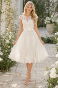 Ivory Lace Illusion Cap Sleeve Tea-Length Wedding Dress with Full Tulle Skirt front view