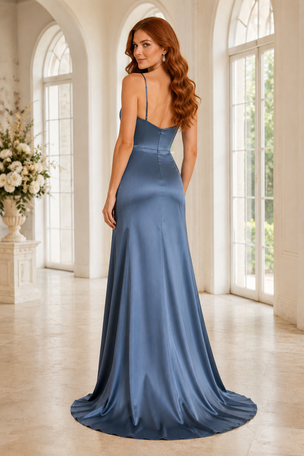 Steel Blue Strapless Satin Sheath Formal Dress with Sweetheart Neck and Side Split back view