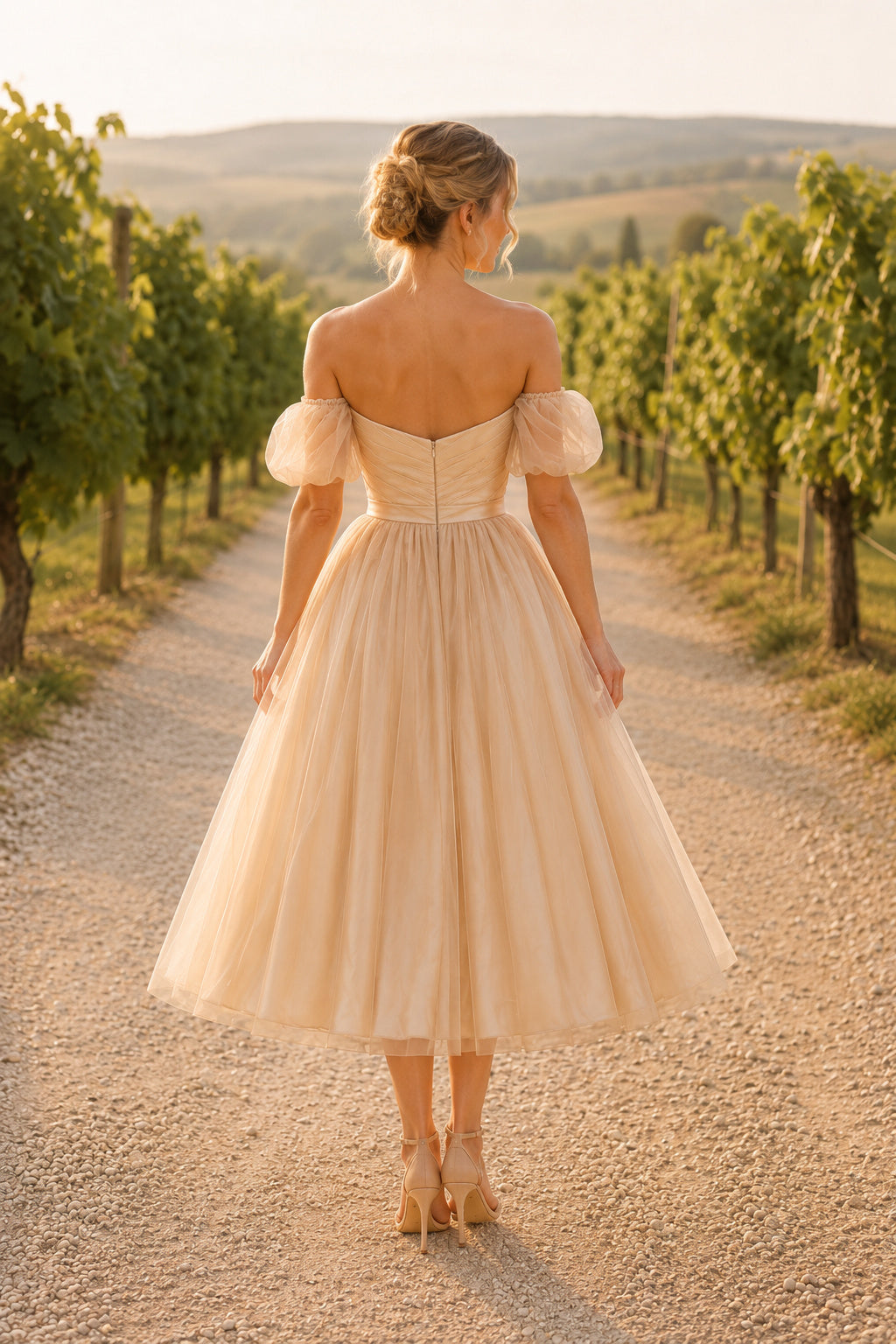 Champagne Off Shoulder Puff Sleeve Bodice with Tea Length Tulle Skirt Tea Length A-Line Homecoming Dress back view