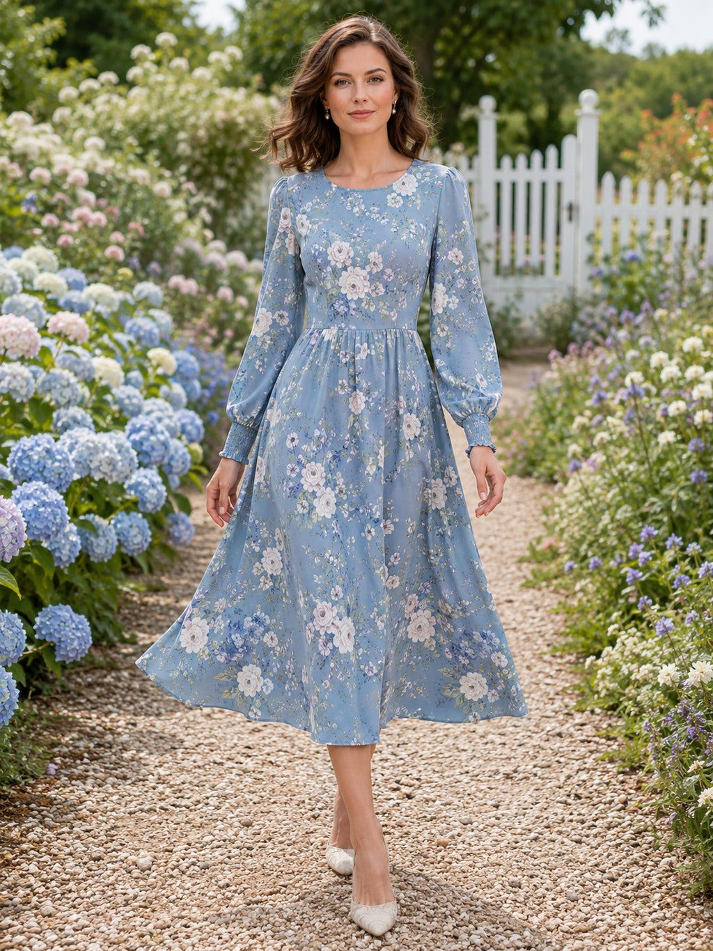 Blue Floral Long Sleeve Modest Garden Party Midi Dress front view