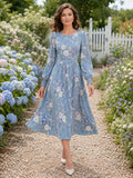 Blue Floral Long Sleeve Modest Garden Party Midi Dress front view