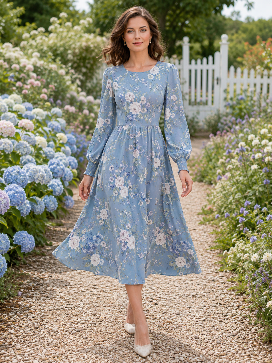 Blue Floral Long Sleeve Modest Garden Party Midi Dress front view