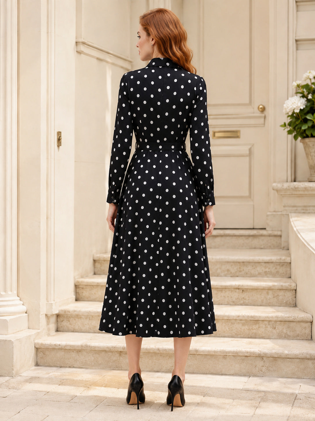 Black Polka Dot Shirt Collar Long Sleeve Midi Dress back view