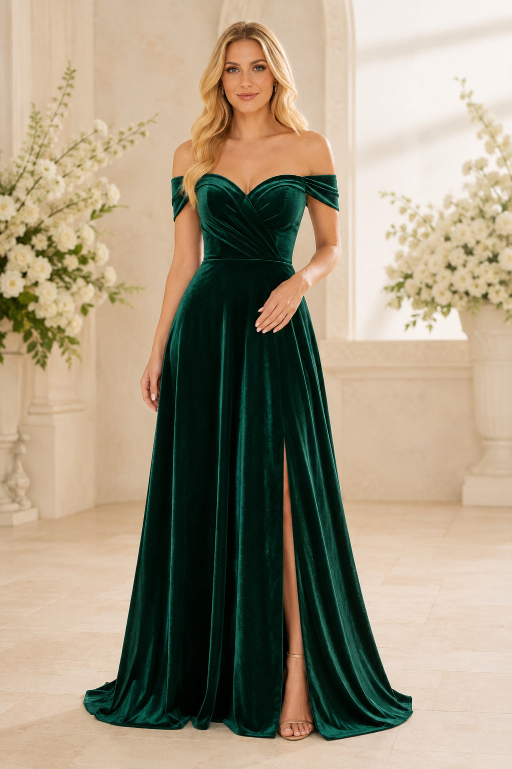 Dark Green Off-the-Shoulder Velvet A-Line Evening Dress with Front Slit and Pleated Bodice front view
