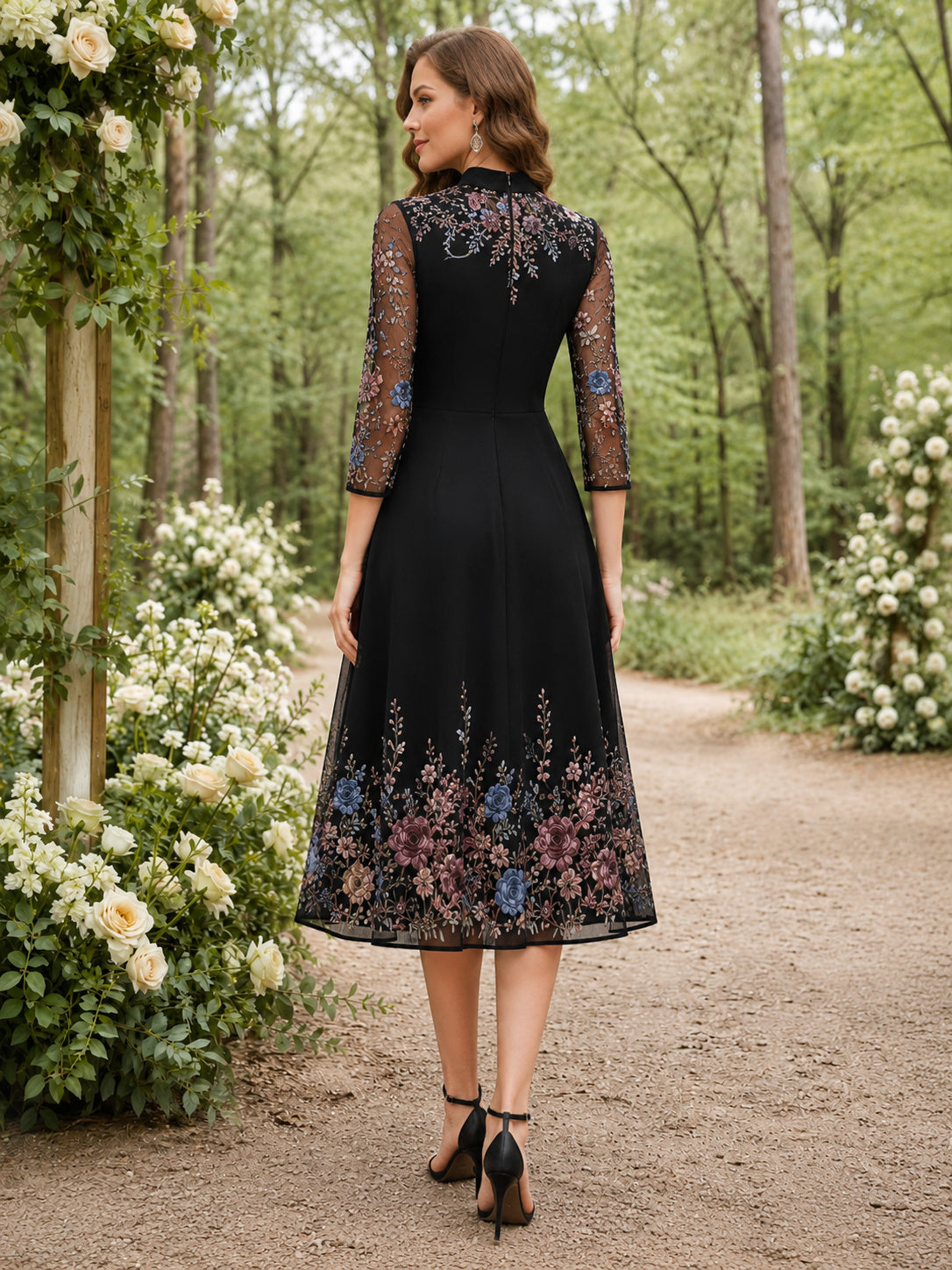 Black High Neck Floral Embroidered Chiffon Midi Guest Dress back view