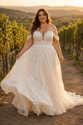 Plus Size Ivory Off-the-Shoulder Sweetheart Flutter Sleeve Lace Tulle A-Line Wedding Dress with Corset Back and Chapel Train