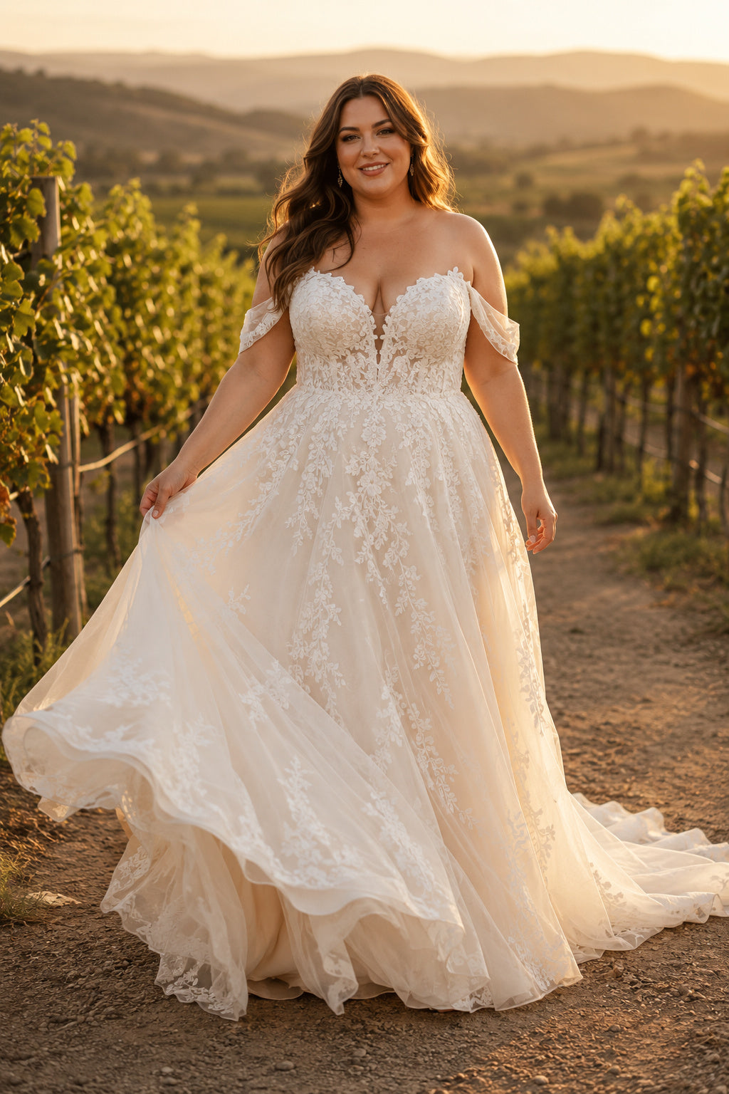 Plus Size Ivory Off-the-Shoulder Sweetheart Flutter Sleeve Lace Tulle A-Line Wedding Dress with Corset Back and Chapel Train