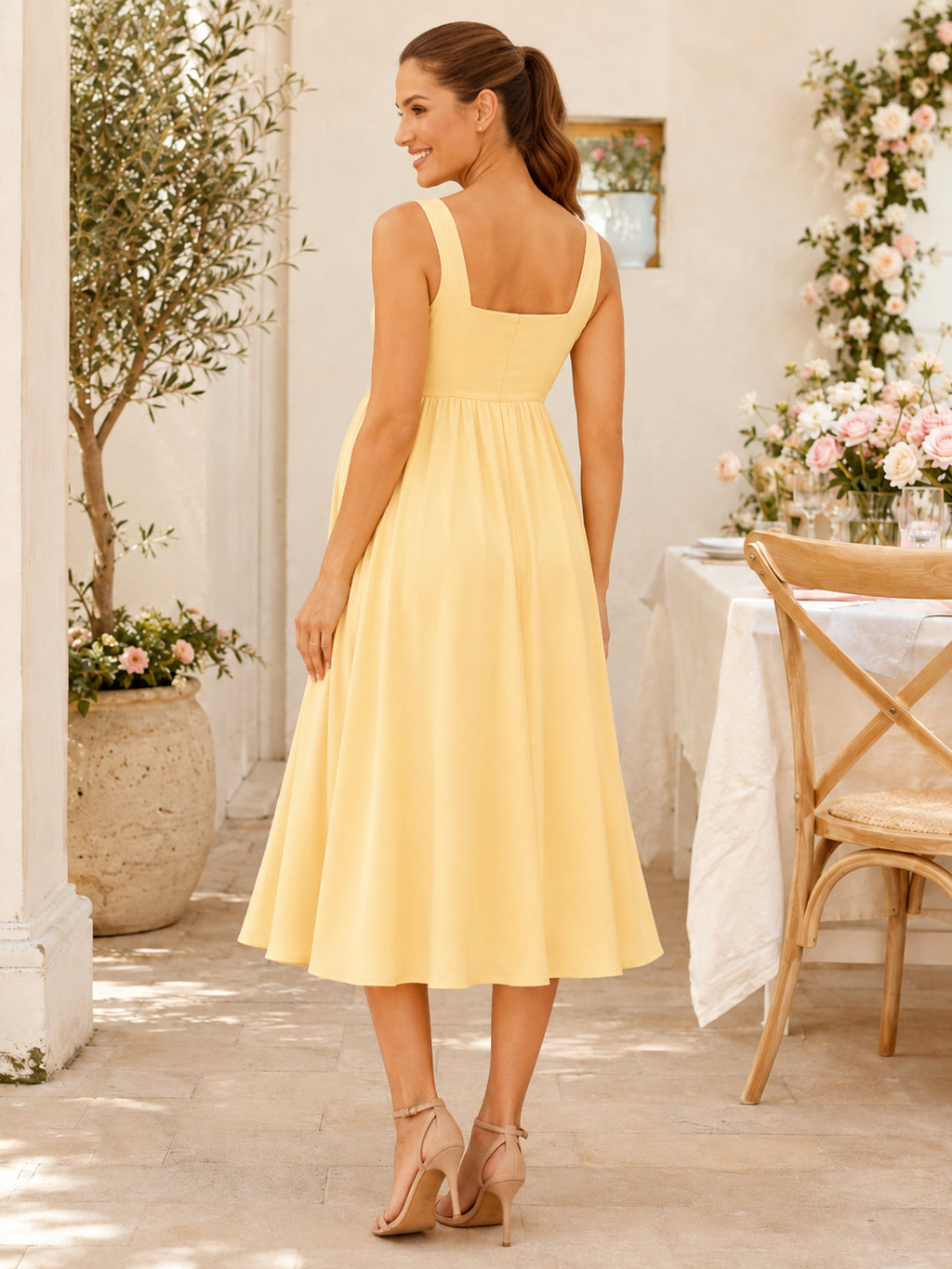 Daffodil Maternity Square Neck Straps Empire Satin Tea Length Simple Summer Dress back view