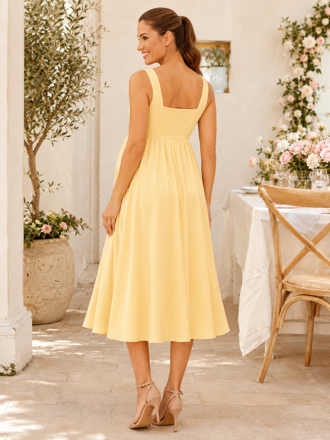 Daffodil Maternity Square Neck Straps Empire Satin Tea Length Simple Summer Dress back view