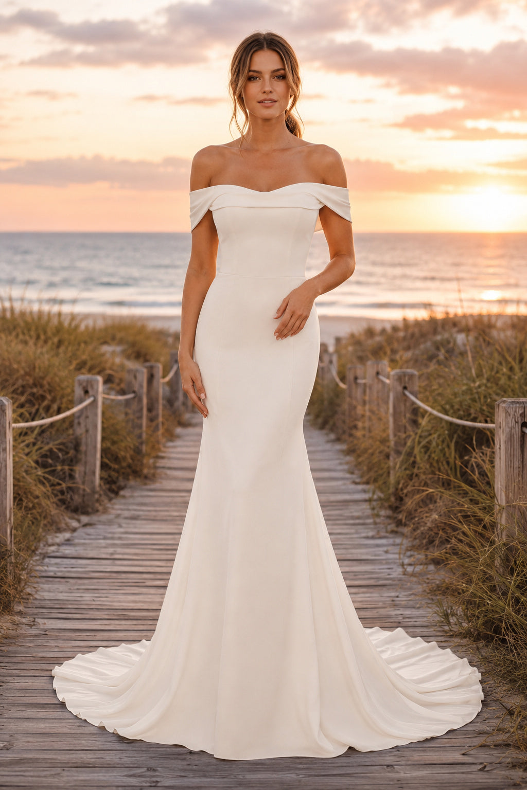 White Off Shoulder Stretch Satin Mermaid Wedding Dress Sweep Train for Bridal Ceremony and Reception front view