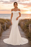 White Off Shoulder Stretch Satin Mermaid Wedding Dress Sweep Train for Bridal Ceremony and Reception front view