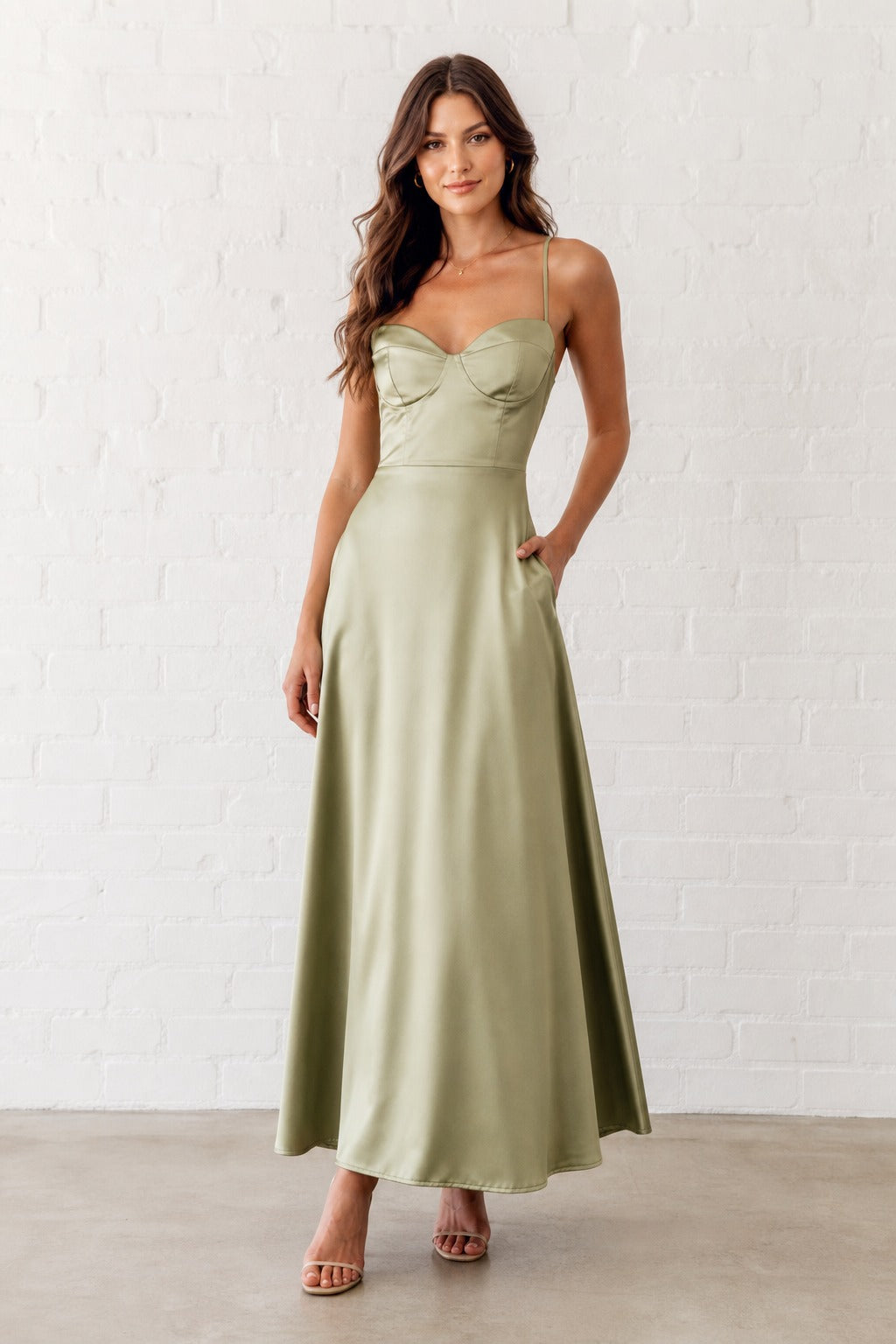 Sage Strapless Ankle-Length Satin A-Line Dress