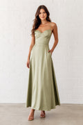 Sage Strapless Ankle-Length Satin A-Line Dress