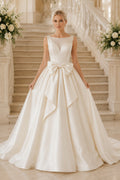 Satin Wedding Dress Ball Gown Bateau Neck Sleeveless Sweep Train Low V Back Bridal Gown front view