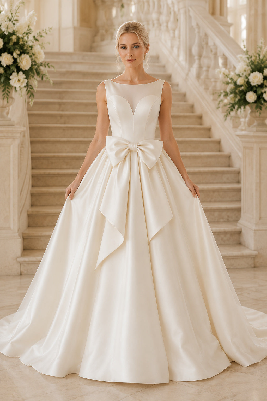 Satin Wedding Dress Ball Gown Bateau Neck Sleeveless Sweep Train Low V Back Bridal Gown front view