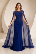 Royal Blue Illusion Beaded Bodice Sheath Formal Gown With Sheer Cape Overlay Formal Dress front view
