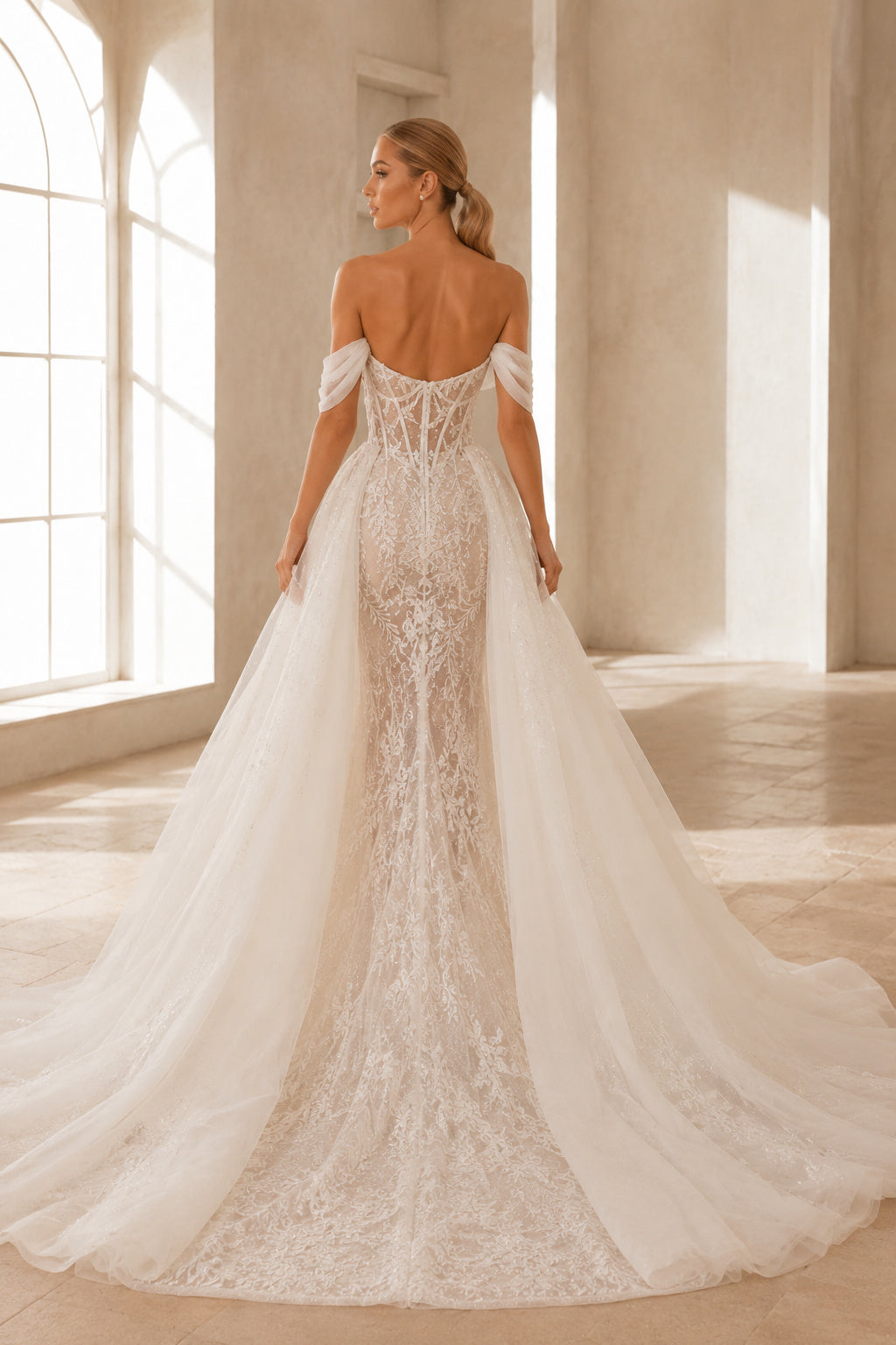 Off-the-Shoulder Lace Sheath Wedding Dress with Detachable Tulle Overskirt back view