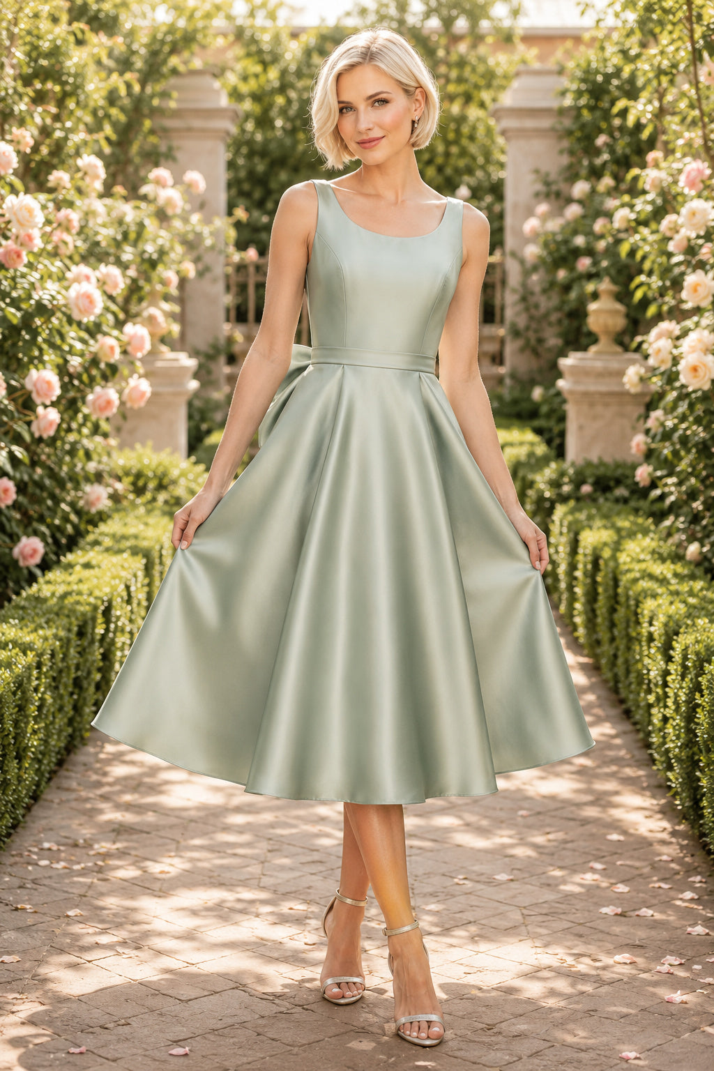 Sage Sleeveless Satin Tea-Length Dress with Scoop Neck and Bow Back front view