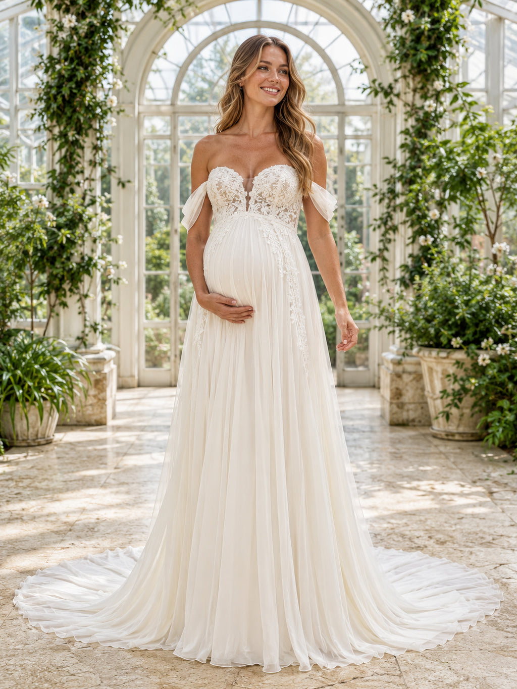 Beach Chiffon Wedding Dress A-Line Off Shoulder Short Sleeve Sweep Train Bridal Gown front view