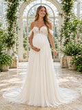 Beach Chiffon Wedding Dress A-Line Off Shoulder Short Sleeve Sweep Train Bridal Gown front view