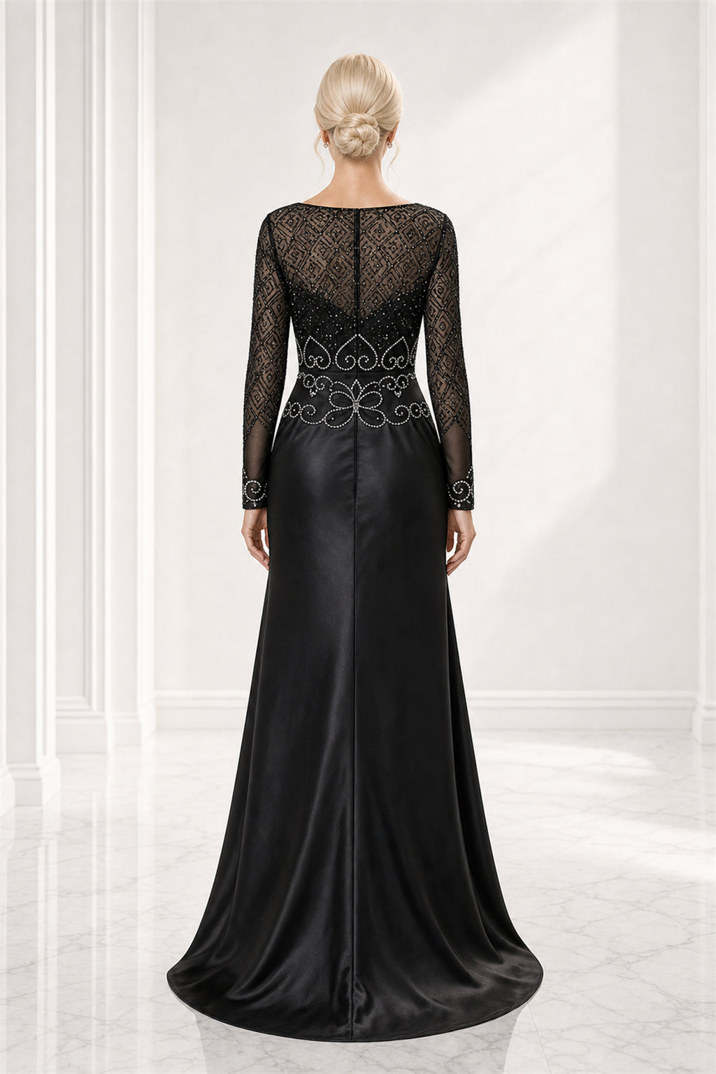 Black Bateau Long Sleeve Sheath Satin Floor-Length Dress With Lace Bodice