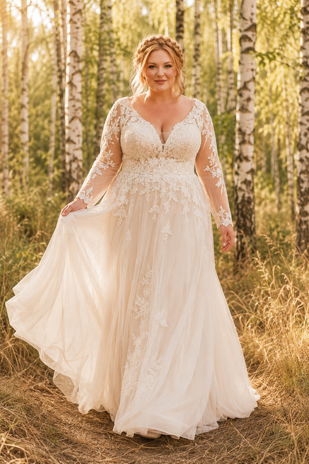 Plus Size Long Sleeve Lace A-Line Wedding Dress with Deep V-Neck Style 720956 front view