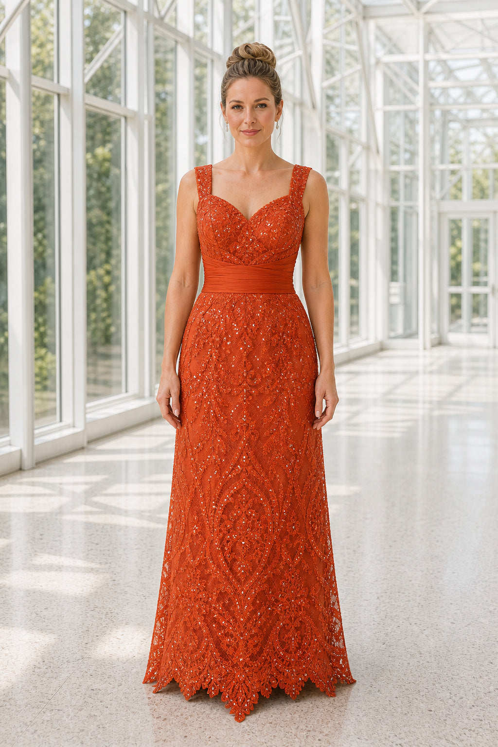 Rust V-neck Sleeveless Sheath Lace Floor-Length Dress With V-back