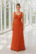 Rust V-neck Sleeveless Sheath Lace Floor-Length Dress With V-back